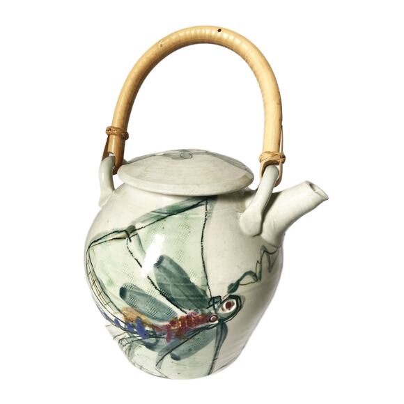 Studio Pottery Hand Painted Dragonfly Bamboo Handle Teapot Signed - Picture 2 of 6